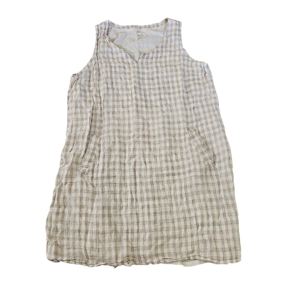 Eileen Fisher Organic Linen Plaid Sleeveless Shift Dress Tan Cream Large Pockets